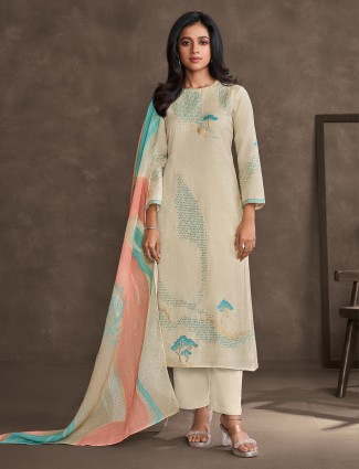 Beige and blue cotton silk salwar suit for women