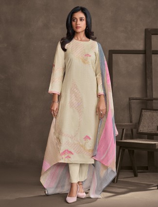Beige and pink cotton silk salwar suit with thread work