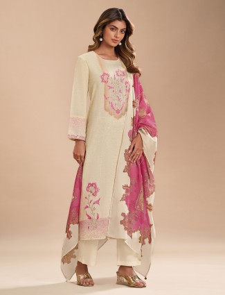 Beige cotton silk salwar suit with zari work