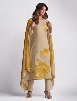 Beige printed linen cotton salwar suit for women