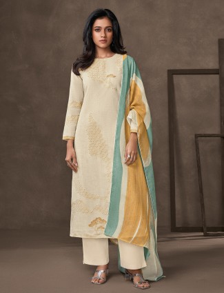Cream cotton silk salwar suit with zari work