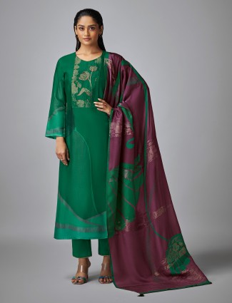 Dark green silk salwar suit with thread work