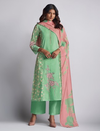 Green printed cotton silk salwar suit for festive