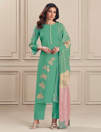 Green printed linen cotton salwar suit