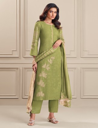 Green printed linen cotton salwar suit with thread work