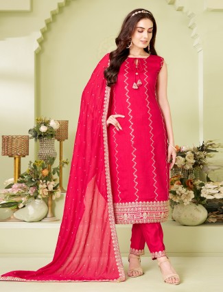 Magenta silk straight cut suit for occasions