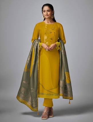 Mehendi yellow silk salwar suit with thread work