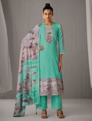 Mint green printed cotton salwar suit for women