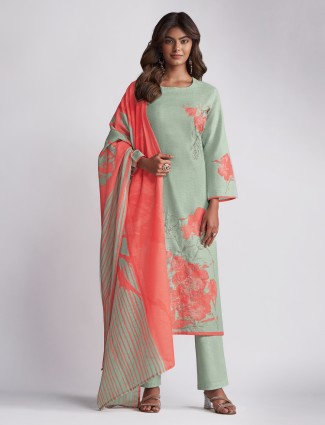 Mint green printed linen cotton salwar suit