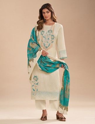 Off white and blue cotton silk festive salwar suit