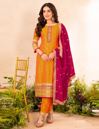 Orange silk pakistani suit with dupatta