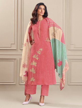 Peach printed linen cotton salwar suit for women