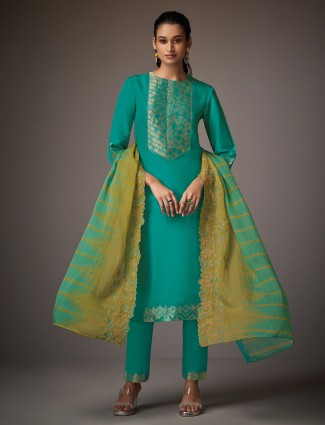Rama green silk salwar suit with resham work