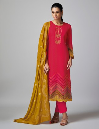 Red printed tussar silk salwar suit
