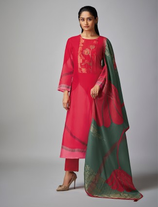 Red silk salwar suit with thread work for women