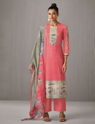Salmon pink printed cotton salwar suit for women