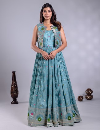 Designer sky blue salwar suit with layered elegance
