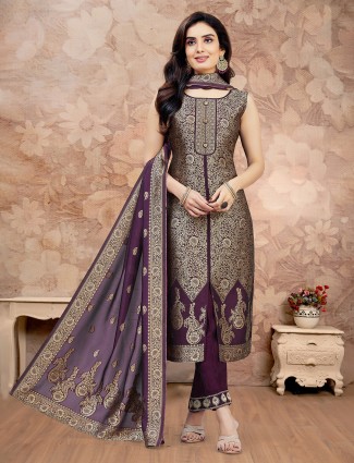 Wine silk straight cut suit with zari highlights