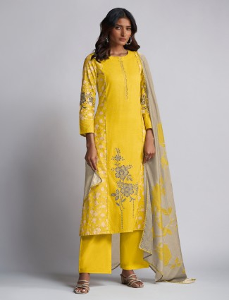 Yellow cotton silk salwar suit with cutwork for women