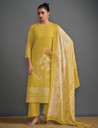 Yellow cotton salwar suit with thread work