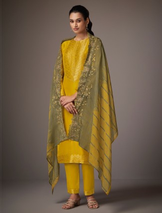 Yellow silk salwar suit for festive wear with resham work