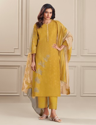 Yellow linen cotton salwar suit with thread work