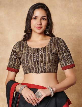 Beige hand block printed ajrakh cotton ready made blouse