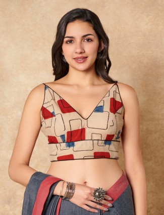 Beige printed ajrakh cotton sleeveless readymade blouse