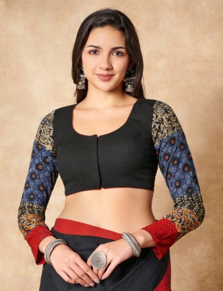 Black cotton ready made blouse with printed sleeves