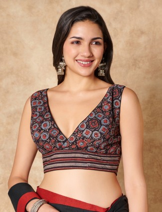 Black hand block printed ajrakh cotton V neck ready made blouse