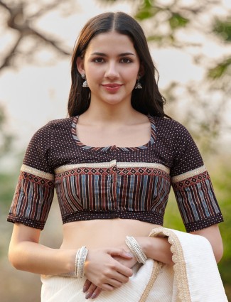Black printed ajrakh printed cotton ready made blouse