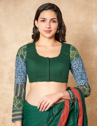 Green cotton ready made blouse with printed ajrakh sleeves