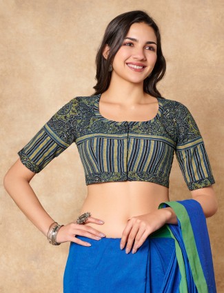 Green printed ajrakh printed cotton ready made blouse for women
