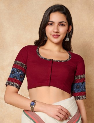Maroon cotton round neck ready made blouse