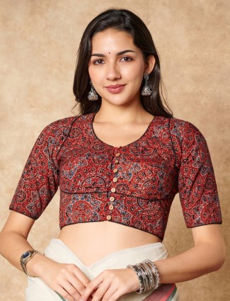 Maroon hand block printed ajrakh cotton ready made blouse