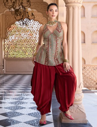 Maroon silk dhoti suit for women