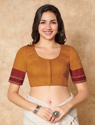 Mustard yellow cotton round neck readymade blouse