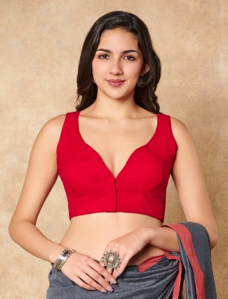 Red cotton sleeveless ready made blouse