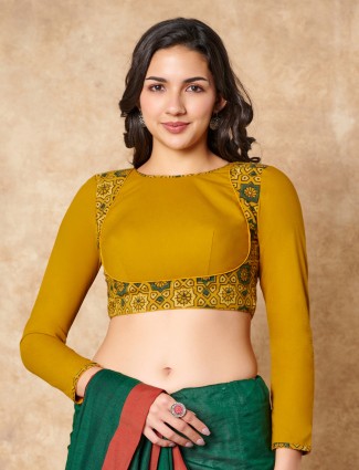Yellow hand block printed ajrakh cotton ready made blouse