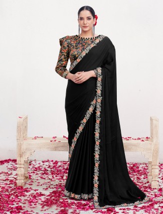 Satin black saree with thread and sequin work