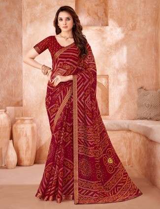 Maroon chiffon saree adorned with elegant printed patterns