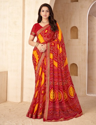 Maroon chiffon saree with traditional bandhani print