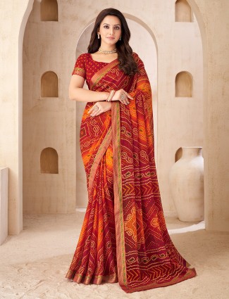 Maroon festive wear chiffon saree in bandhani design