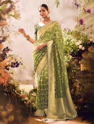 Mehendi green banarasi tissue saree for wedding elegance