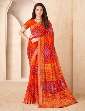 Orange soft chiffon saree with bandhej print
