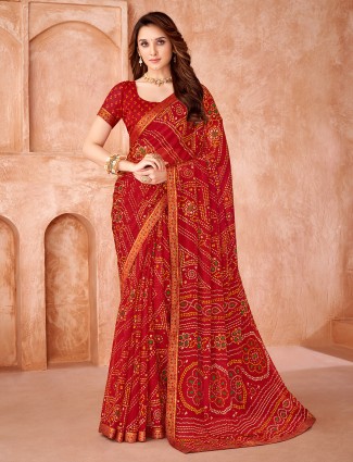 Red chiffon saree designed for festive wear