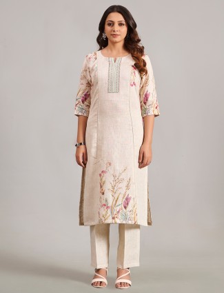 Beige cotton silk kurti set with beads embellishment