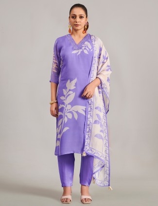 Lavender silk printed salwar suit with sequins embellishment