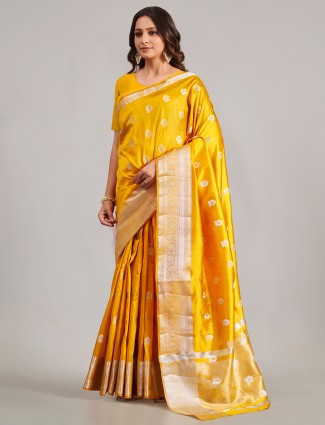Mustard yellow cotton silk festival wear saree