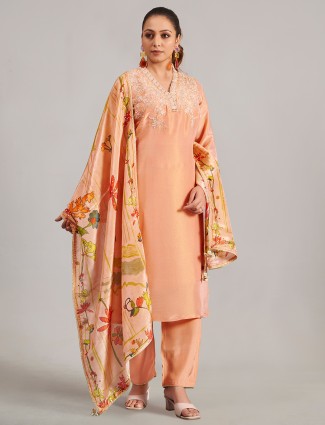 Peach silk embroidered salwar suit with dupatta